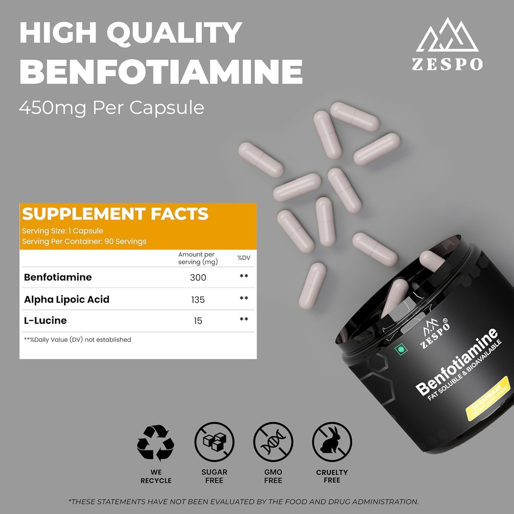 Benfotiamine 450mg – 90 cápsulas,Apoyos Salud Celular con ácido alfa lipoico " L-Leucine, Daily Nutritional " Wellness Formula