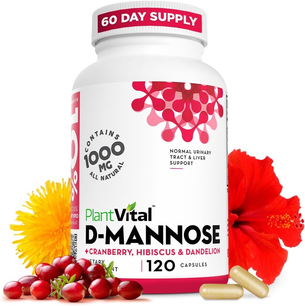 Plantvital D Mannose Capsules with Cranberry - D-mannose 1000mg Capsules - High Potency for Bladder, Kidney and Urinary Tract Support. Cranberry Powder con Hibiscus y Dandelion. Suministro de 2 meses