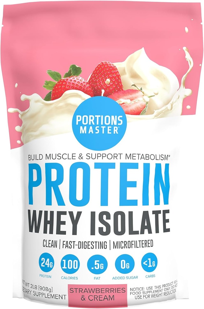 Portions Master CFM Whey Isolate Protein Powder, 2 LB, 23g Low Carb, Low Fat, Cold-Processed, Fast Absorbing, Muscle Growth & Recovery Support (Strawberries & Cream)