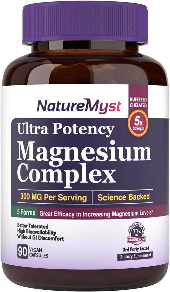 Magnesio Complejo, 300 mg Magnesio Elemental, Glycinate, Citrato, Malata, Alta Potencia, Mejor Absorción, para el Musculo, Nerve, Corazón, Dormir, Estreñimiento &amp; Más, 90 Caps Vegan