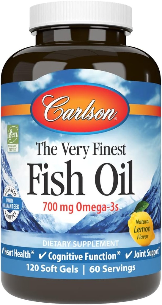 Carlson - The Very Finest Fish Oil, 700 mg Omega-3s, Norwegian Fish Oil Supplement, Wild Caught Omega-3 Fish Oil, Sustainably Sourced Fish Oil Capsules, Omega 3 Supplement, Lemon, 120 Softgels