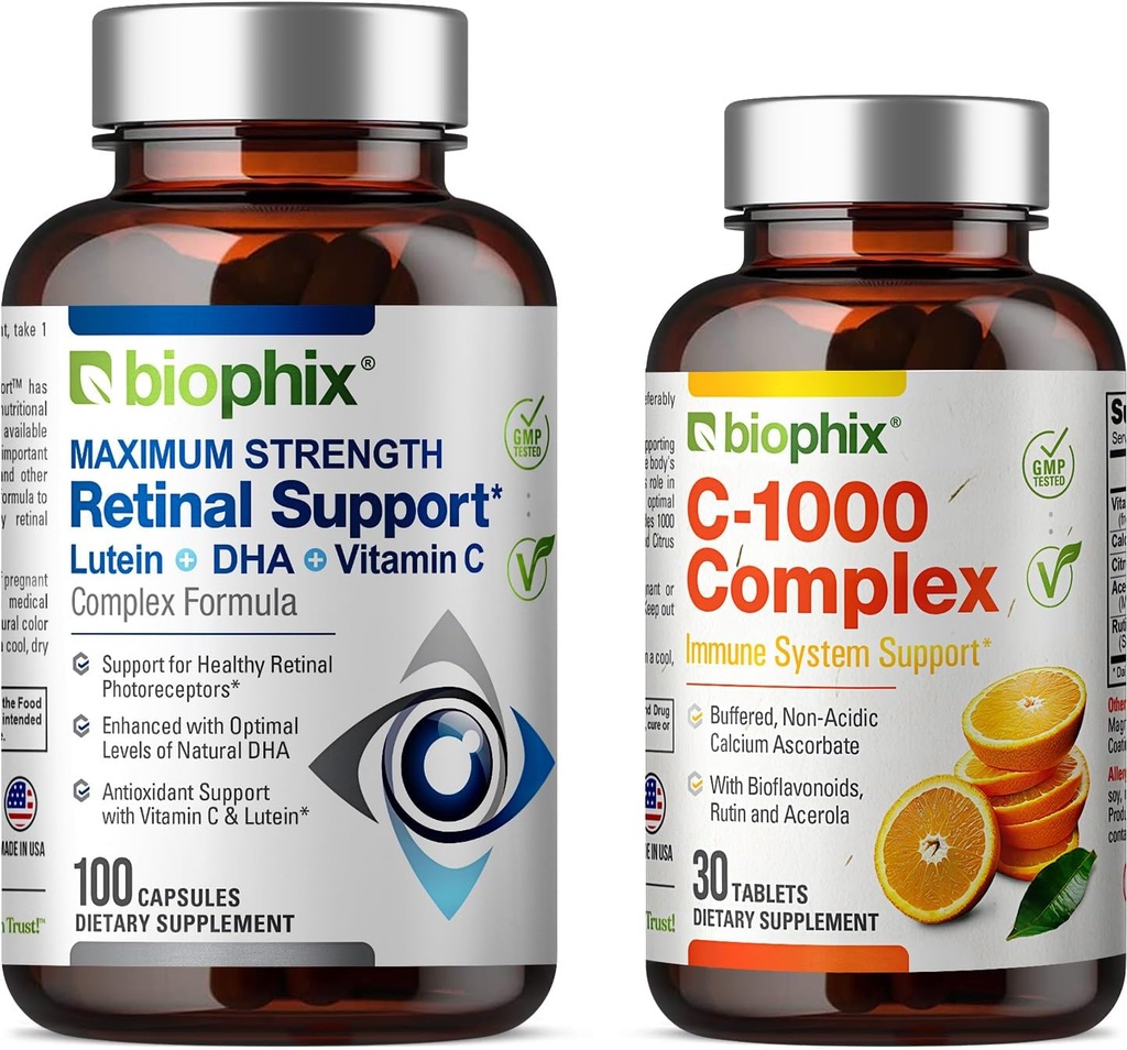 biophix Retinal Support Maximum Strength Complex Fórmula 100 cápsulas - C-1000 gratis 30 tabletas - Zinc Vitamin C E Lutein DHA Omega-3 Astaxanthin Hyaluronic Acid - Supports Eye Vision Health