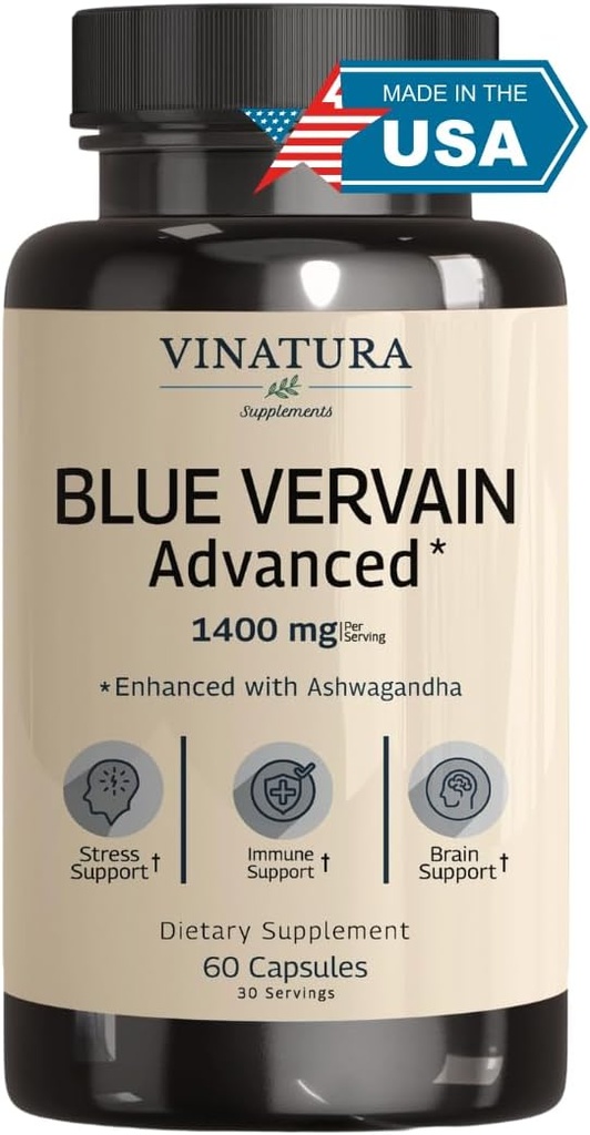 VINATURA Blue Vervain Avanzado con Ashwagandha - 1400mg por serv, Blue Vervain Capsules, Blue Vervain Tea Alternative, Brain Health, Stress Relief, Ashwagandha Supplements - 60 Capsules