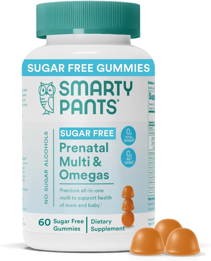 SmartyPants Prenatal Vitamins for Women, Sugar Free Multivitamin Gummies: Methylfolate, Omega 3 (ALA) Vitamina D3, C, Vitamina B12, B6, A, K & Zinc, Inositol, Erythritol Gratis, 60 Cuenta (20 Day Supply)