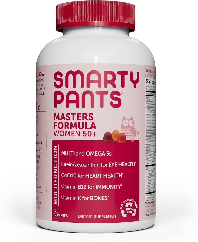 SmartyPants Multivitamin Gummy for Women 50 and Over: Omega 3 Fish Oil (EPA/DHA), Methylfolate, CoQ10, Vitamina D3, C, Vitamina B12, B6, A, K & Zinc, Biotin, Gluten Free, 120 Conde (30 Day Supply)