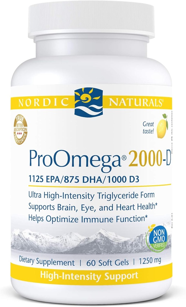 Naturales nórdicos ProOmega 2000-D - Aceite de pescado, 1125 mg EPA, 875 mg DHA, 1000 UI Vitamina D3, Cardiovascular, Neurológica, Ojo y Salud Inmune, Sabor de limón, 60 Gels blandos