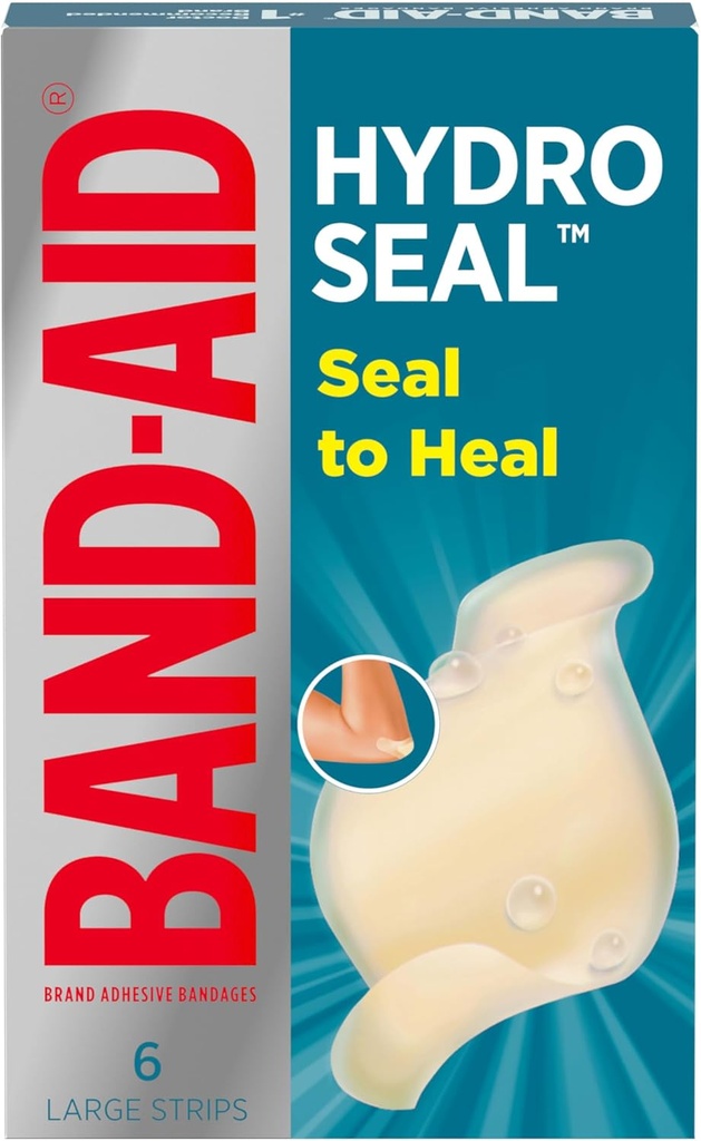 BAND-AID Marca Hydro Seal Adhesive Waterproof Bandages, Grandes Bandas de Gel Hydrocolloid para Primeros Ayuda Mejor Curación para Minor Blisters, Cortas & Scrapes, FSA/HSA Eligible, 6 ct