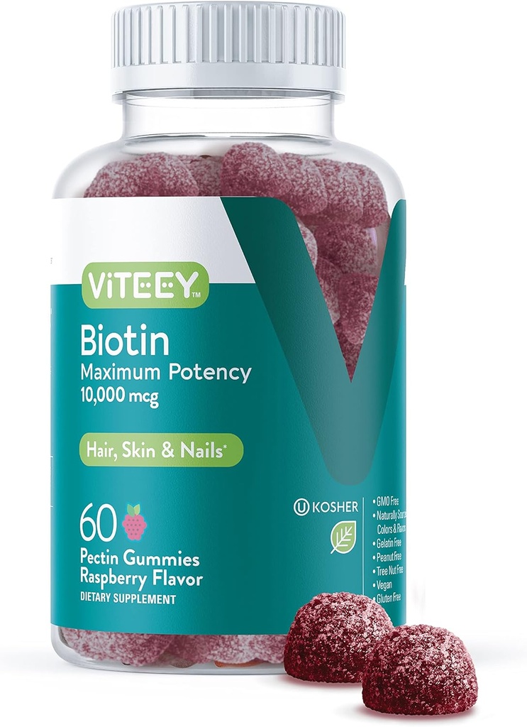 Viteey Biotin Gummies for Hair Skin and Nails - Biotin for Hair Growth Gummies - 10,000 mcg - Vegan, Gluten-Free, Non-GMO – 60 Condes