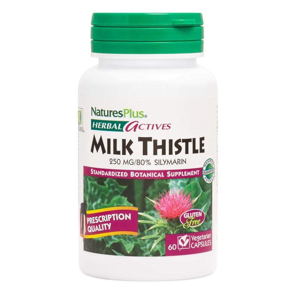Natures Plus Herbal Actives Milk Thistle - 250 mg, 80% Silymarin, 60 Vegan Capsules - Vegetariano, Gluten-Free - 60 Servings