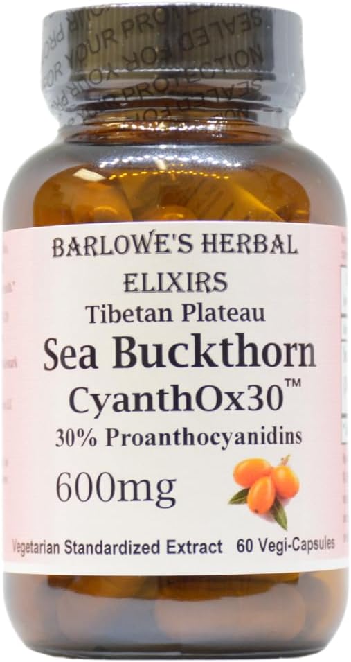Barlowe's Herbal Elixirs Sea Buckthorn Extract ← CyanthOX 30TM ← 600mg per Capsule ¦ Skin, Immune, & Digestive Support Silencio 60 Vegan Capsules ← Glass Bottled