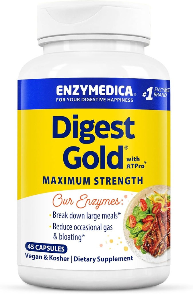 Enzymedica Digest Gold + ATPro, Maximum Strength Enzyme Formula, Prevents Bloating and Gas, 14 Key Enzymes Incluyendo Amylase, Protease, Lipase y Lactase, 45 cápsulas (FFP)