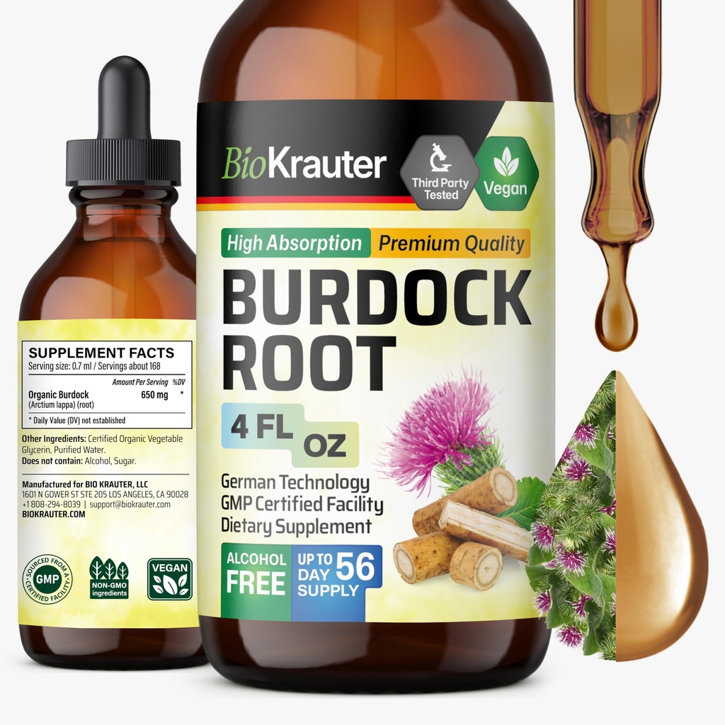 BIO KRAUTER Burdock Root Tincture - Antioxidante Apoyo Liquid Supplement - Burdock Root Extract - Alcohol y Azúcar Gratis - Vegan Drops 4 Fl.Oz.