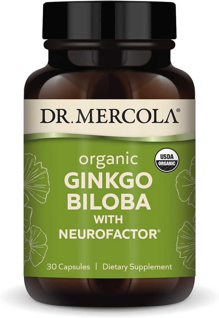 Dr. Mercola Orgánica Ginkgo Biloba con NeuroFactor - Soportes Cerebro Salud - Extracto de hoja de Ginkgo Estandarizado - Fruta de café Polyphenol-Rich - 30 cápsulas