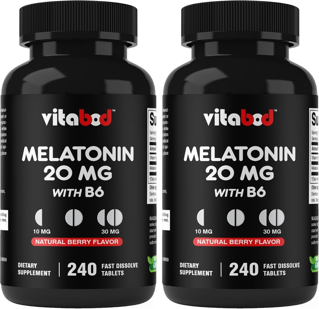 Melatonina 20 mg - 240 Tablas rápidas de disuelve - Libre de medicamentos - Sabor natural de Berry - Vegetariano, No GMO, Gluten Cuenta libre 240 (Pack of 2)
