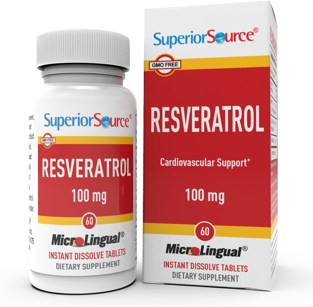 Resveratrol de Fuente Superior 100 mg - Suplemento dietético para el envejecimiento saludable - Apoyos Brain & Heart Health - No Gluten-Free - 60 Tablas MicroLinguales instantáneas