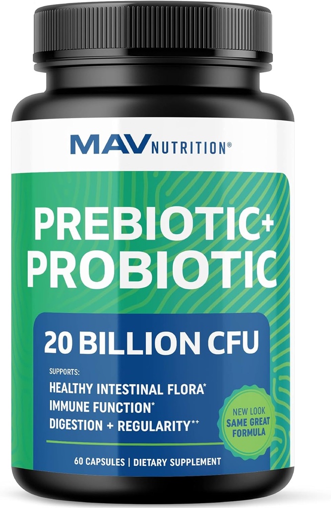 Prebióticos y Probióticos para Mujeres y Hombres Silenciosos Pre y Probióticos para Gut Health " Bloating Relief TEN Synbiotic with 20 Billion CFU Lactobacillus " Bifidobacterium TEN Shelf-Stable TEN Vegetarian TEN 60 Ct.