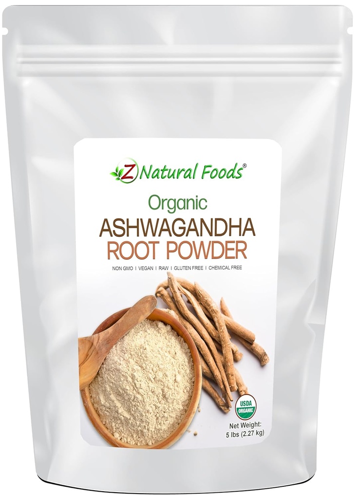 Z Natural Foods Organic Ashwagandha Root Powder - Bulk 5 lb Tamaño - Powerful Adaptogen &amp; Ayurvedic Superstar - Hacer sus propias cápsulas " píldoras - 100% puro, crudo, químico libre, no GMO
