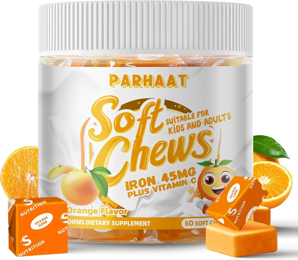 Iron Soft Chew Suplemento con Vitamina C ← Orange Flavored  Gluten Free ← Suplemento de Hierro para Mujeres Hombres y Niños