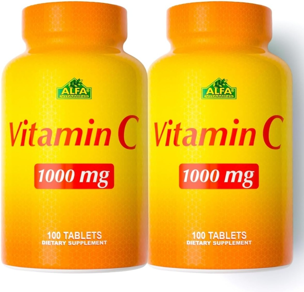 ALFA VITAMINS Vitamin C Supplement 1000mg, Powerful Antioxidant for Immune Support & Healthy Skin, Promotes Collagen Formation, Dietary Supplement for Daily Wellness, 100 Tablets, 2 Bottle Pack