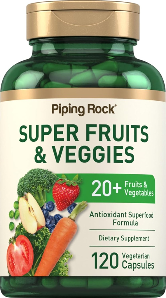 Piping Rock Fruits and Veggies Supplement  120 Capsules ← Más 20 Frutas y verduras Silencio Antioxidante Superfood Formula ← Daily Multivitamin ANTE Vegetarian, Non-GMO, Gluten Free