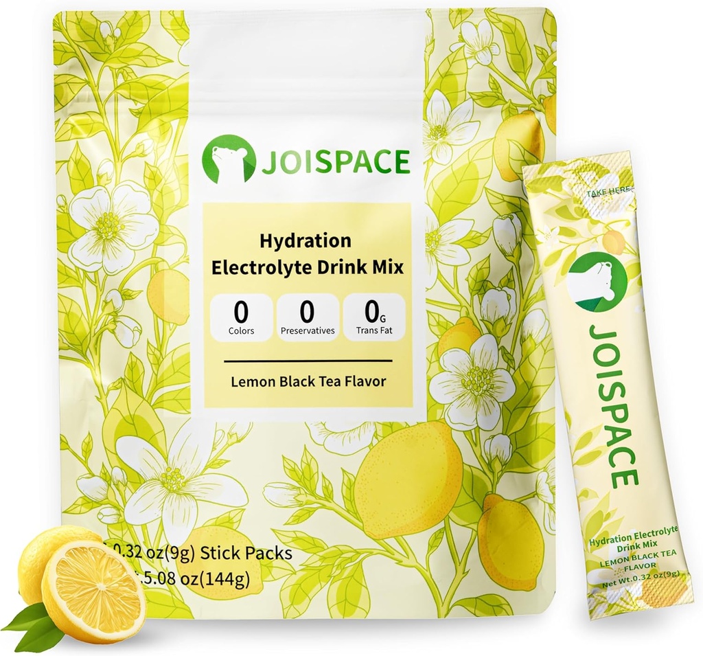 JOISPACE Electrolyte Drink Mix with Tea Polyphenols ← Fast Hydration &amp; Electrolytes Boost ← Non-GMO, Vegan, Gluten-Free ← Lemon Tea, 16 Servings