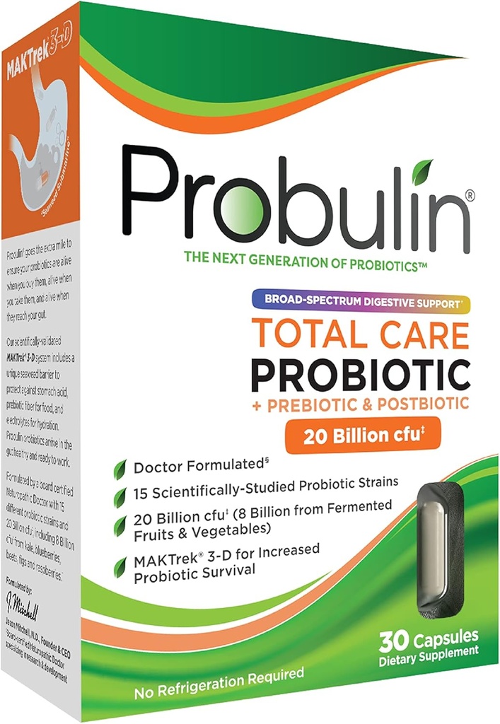 Probulina Total Care Probiotic Supplement, Daily Gut, Digestive, and Immune Health Probiotics Capsules for Men and Women, 20 Billion CFU, Vegan, 30 Count Box