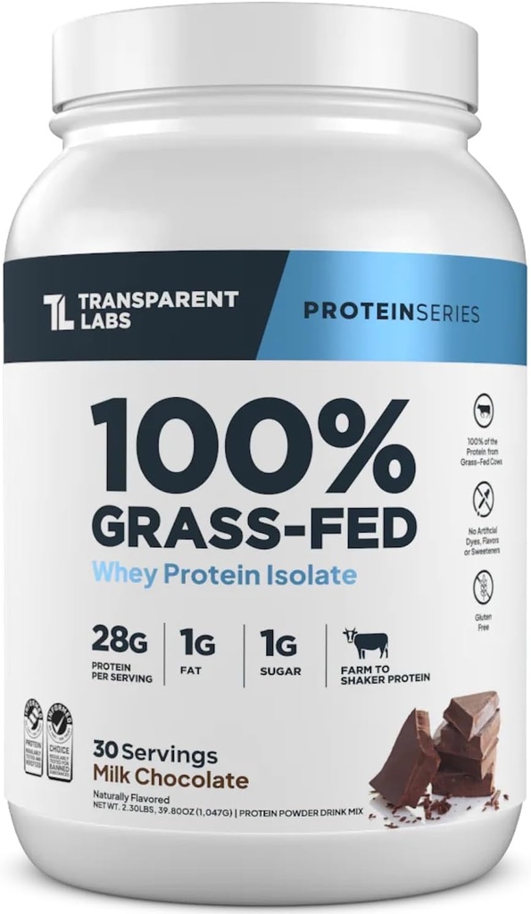 Laboratorios Transparentes Grass-Fed Whey Protein Isolate - Naturalmente Flavored, Gluten Free Whey Protein Powder con 28g de Proteína por Ser " 9 Aminoácidos - 30 Serviciones, Chocolate Leche