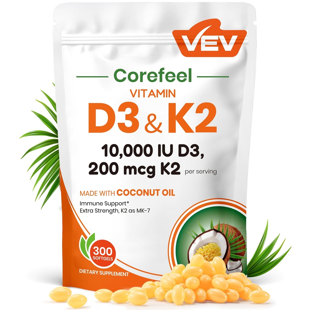 VEV Corefeel Vitamina D3 K2 10,000 UI, 200 mcg MK-7, 300 Coconut Oil Softgels, 2 en 1 Vitaminas Suplemento D & K (Incluir MK7), Fácil de Tragar, soporta la absorción de calcio, Bone Health