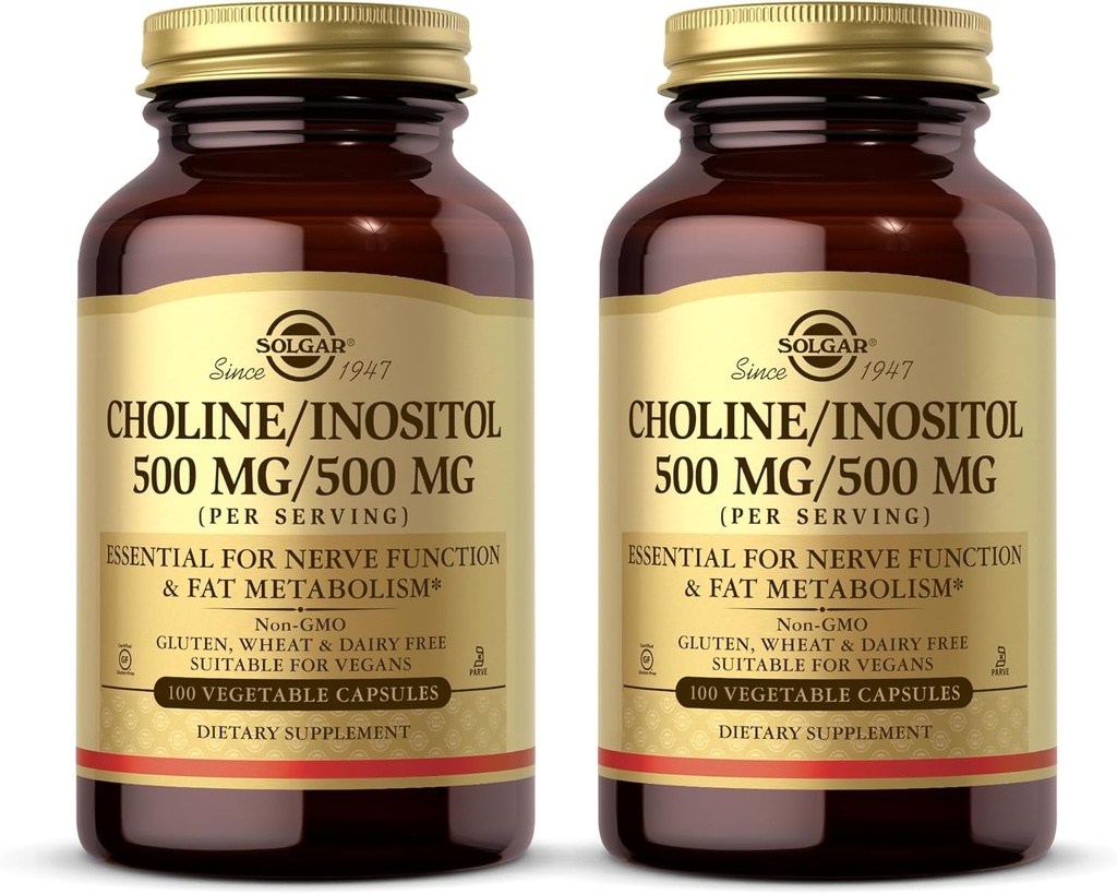 Solgar Choline/Inositol 500 mg/500 mg, 100 cápsulas vegetales (Pack of 2) - Metabolismo energético, salud del hígado, esencial para la función del cerebro " Nerve - No GMO, Vegan, Kosher - 100 servicios totales