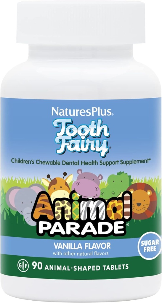 Natures Plus Animal Parade Tooth Fairy Children's Chewables - Natural Vanilla Flavor - 90 Tablas con Forma de Animales - Suplemento de Salud Dental - Vegetariano, Gluten Gratis - 45 Servings