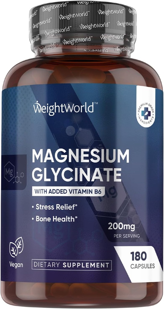 WeightWorld Magnesium Glycinate Capsules 200mg - 180 Capsules (3 Meses) con Vitamina B6 - Bioavailable Magnesium Glycinate Suplementos - Third-Party Tested, Vegan, Non-GMO, &amp; Allergen-Free