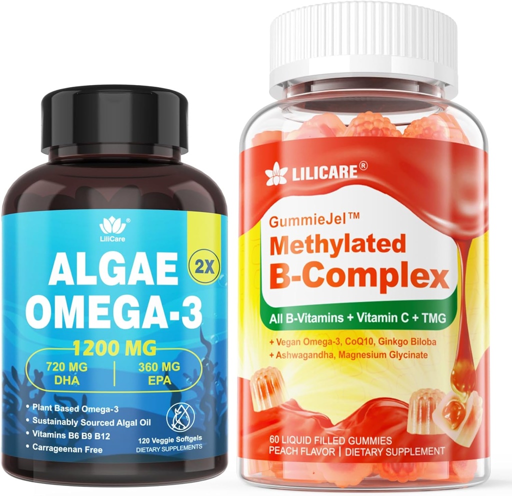 Complejo de vitamina B Gummies rellenos &amp; Alga de base vegetal Omega 3 1200mg Suplemento