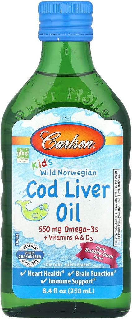 Carlson Kid's Wild Norwegian, Cod Liver Oil + Vitamins A & D3, Bubble Gum, 8.4 fl oz (250 ml)