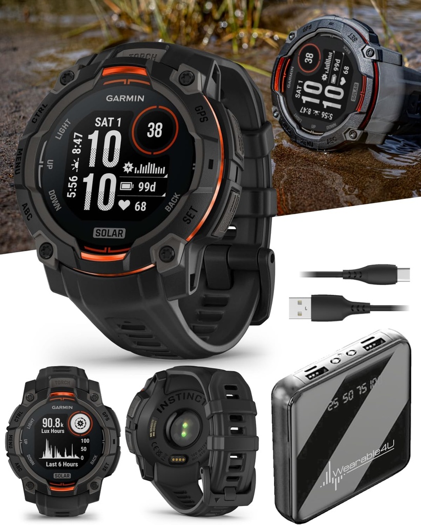 Wearable4U Garmin Instinct 3 Solar 45 mm, GPS enrollado Smartwatch, bisel reforzado con metal, linterna incorporada, hasta 28 días de vida de batería, negro con banda negra