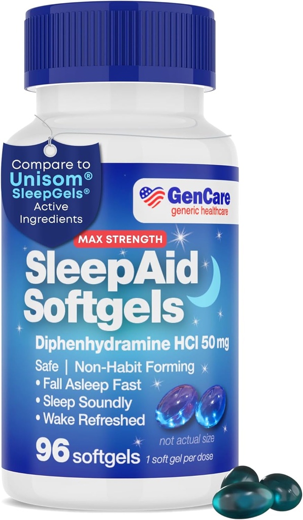 GenCare Maximum Strength Nighttime Sleep Aid Supplement for Adults Deep Sleep Pills with Diphenhydramine HCl 50mg to Fall Asleep Faster- Strong Non-Habit Forming PM Sleeping Relief [96 Softgels]