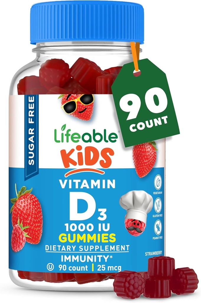 Vitamina D gratuita de azúcar para niños 1000 UI – Gran sabor natural Gummy Suplemento – Gluten libre vegetariano – para huesos fuertes y saludables, para niños, adolescentes, Toddler, 90 Gummies