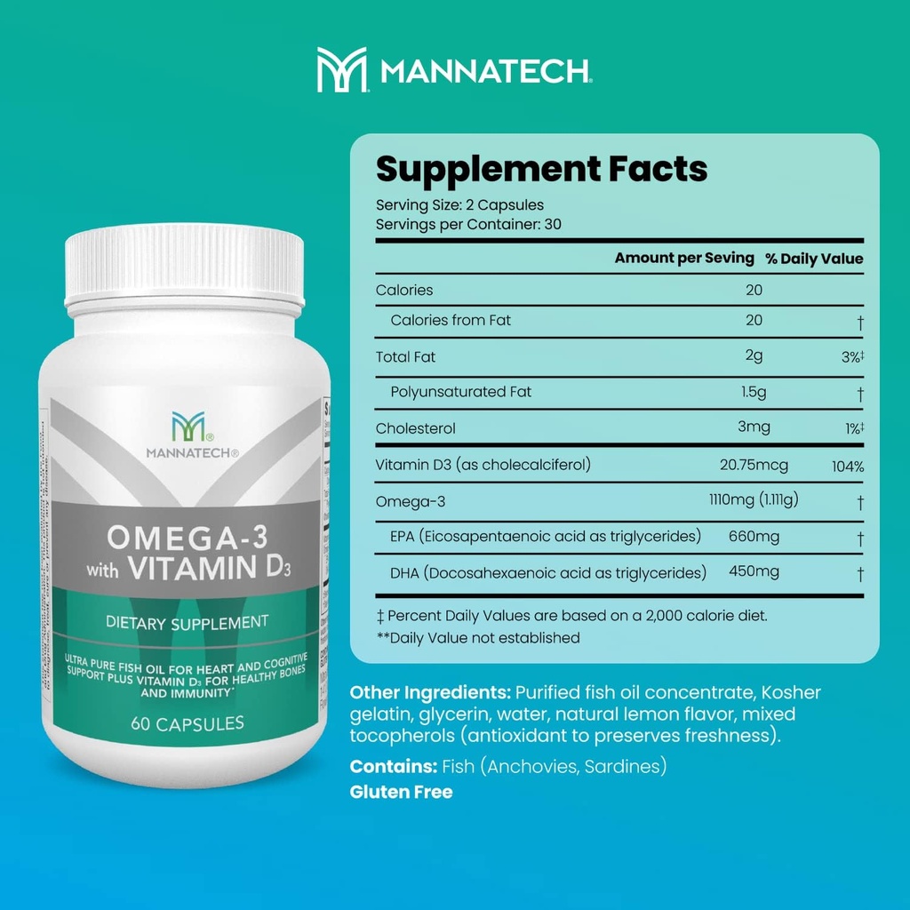Mannatech Omega-3 con vitamina D3 para bonificación, salud cardíaca y apoyo cognitivo, hecha de aceite de pescado puro