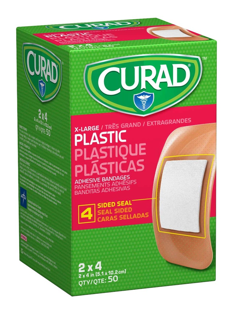 Bandas adhesivas de plástico CURAD 2" x 4", no hecha de látex de goma natural, paquete de 600