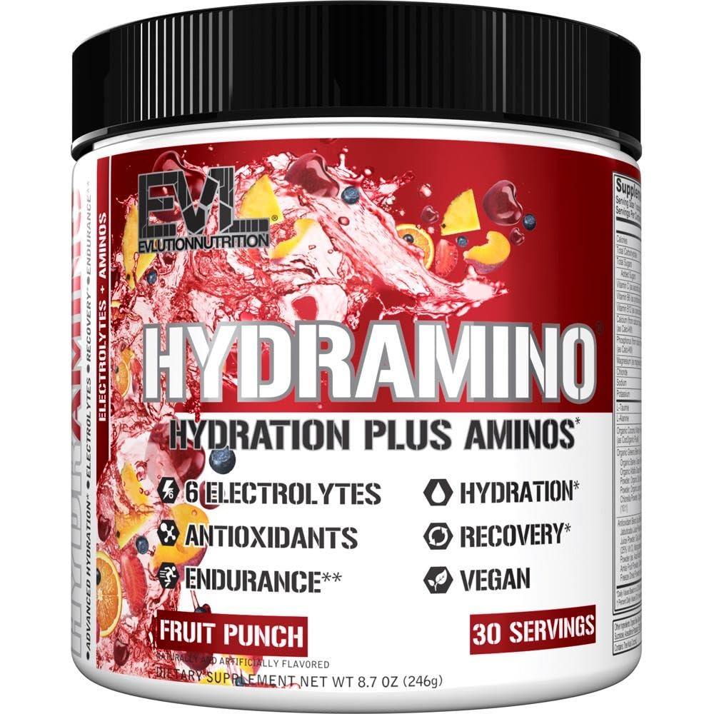 Evlution Nutrition HYDRAMINO Complete Hydration Multiplier, All 6 Electrolytes, Vitamin C & B, Fluid Boosting Aminos, Coconut Water, Endurance, Recovery, Antioxidants, 30 Serve, Fruit Punch