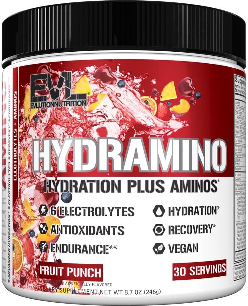 Evlution Nutrition HYDRAMINO Complete Hydration Multiplier, All 6 Electrolytes, Vitamin C & B, Fluid Boosting Aminos, Coconut Water, Endurance, Recovery, Antioxidants, 30 Serve, Fruit Punch