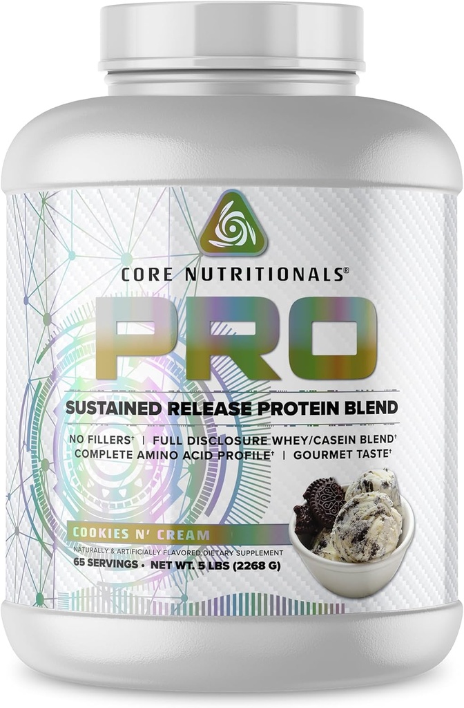Core Nutritionals Pro Sustained Release Whey Protein Blend  tolera with Digestive Enzymes ← 25g Protein, 2g Carbs tención No Fillers  5 Pound (Cookies N Cream)