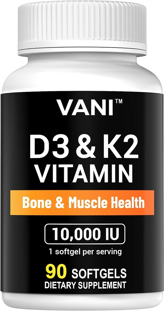 VANI Vitaminas D3 (10000iu/250mcg) + K2 (como Mk7), para Bone &amp; Muscle &amp; Teeth Health, 90 SOFTGELS