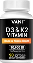 VANI Vitaminas D3 (10000iu/250mcg) + K2 (como Mk7), para Bone &amp; Muscle &amp; Teeth Health, 90 SOFTGELS