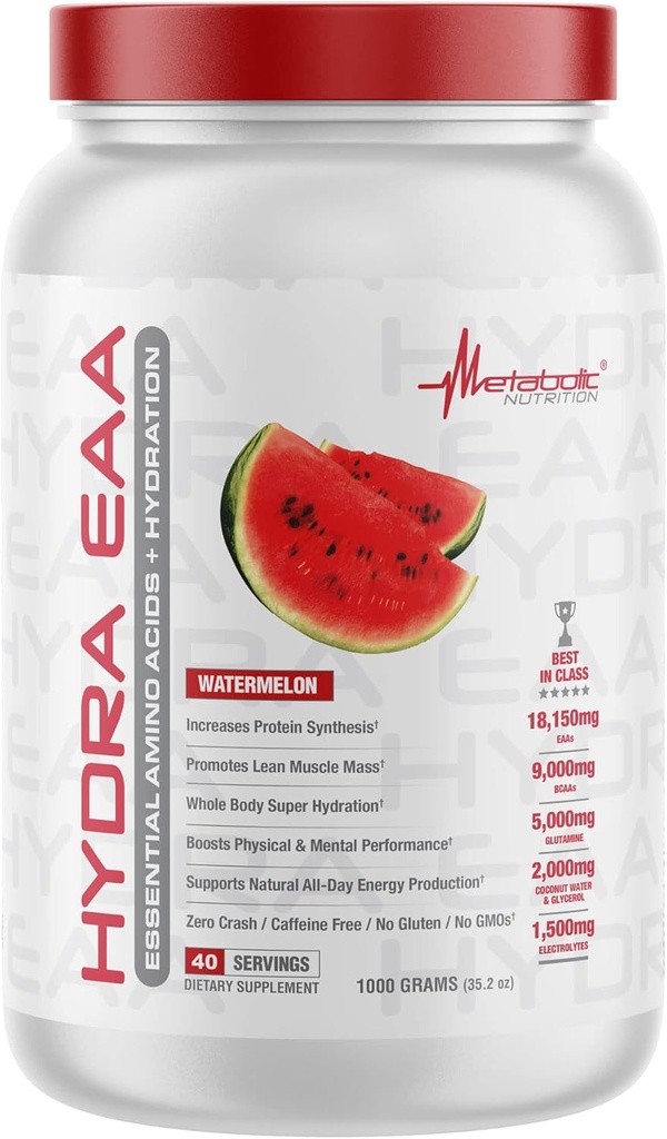 Nutrición metabólica Hydra EAA, 1000g de ácidos esenciales + hidratación, EAAs, BCAAs, Glutamina, Electorlytes, Agua de coco " Glicerol, Sabores Increíbles (Watermelon, 1000g)