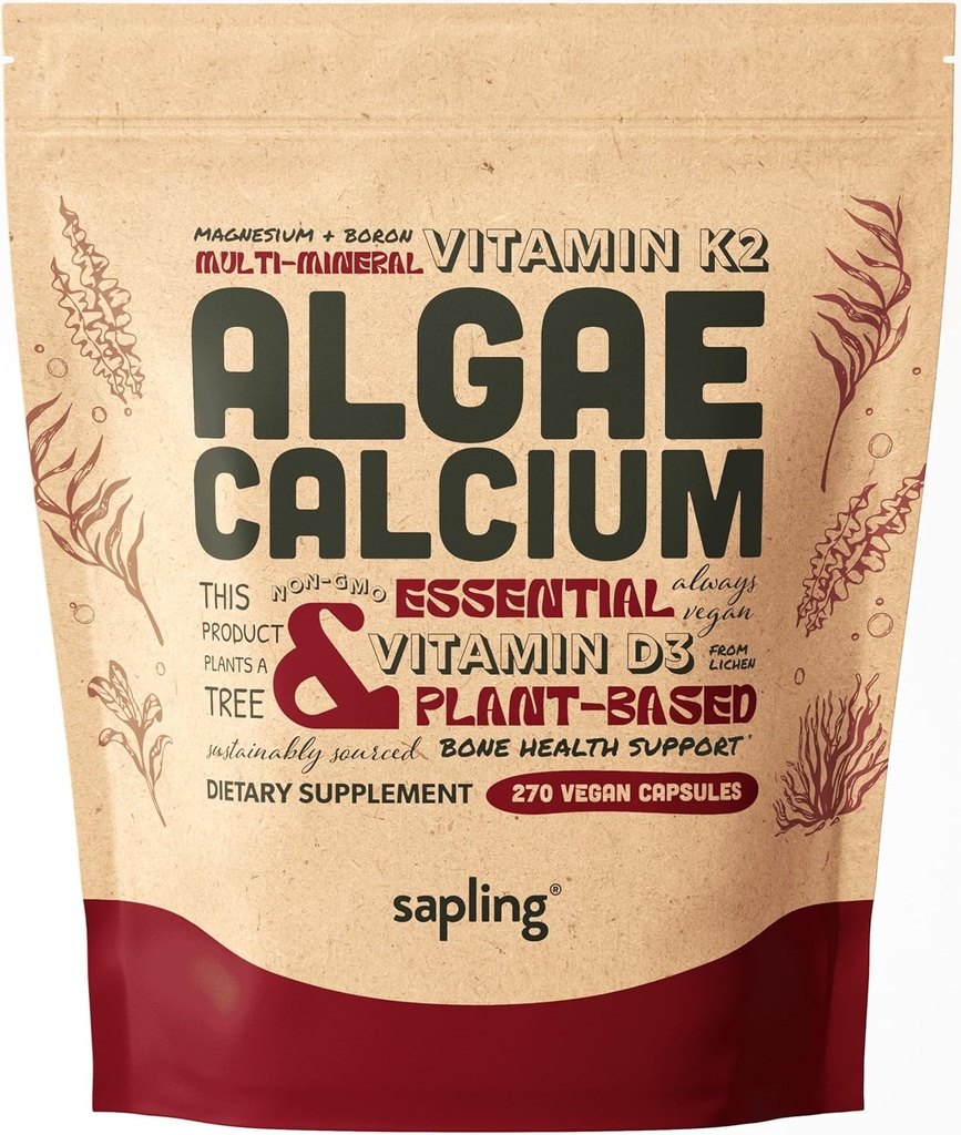 Suplemento de calcio - Alimento completo con vitamina K2 " D3, Magnesio, zinc, hierro, complejo mineral. Fuente Sosteniblemente de Alga Roja. para Fuerza de Bone y Apoyo. Non-GMO & Vegan (270 Conde)
