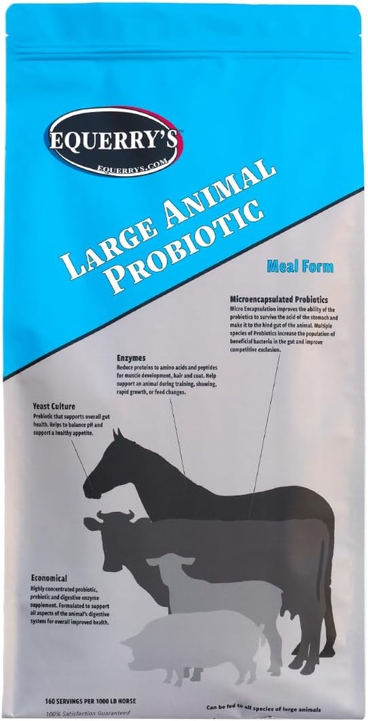 Probiótico de animales grandes de Equerry - Suplementos para Gut Health y Nutrient Absorption ¦ Probióticos y enzimas digestivas para caballos, vacas, cabras, ovejas, cerdos, 160 Alimentación (20 libras) por 1000 libras Animal