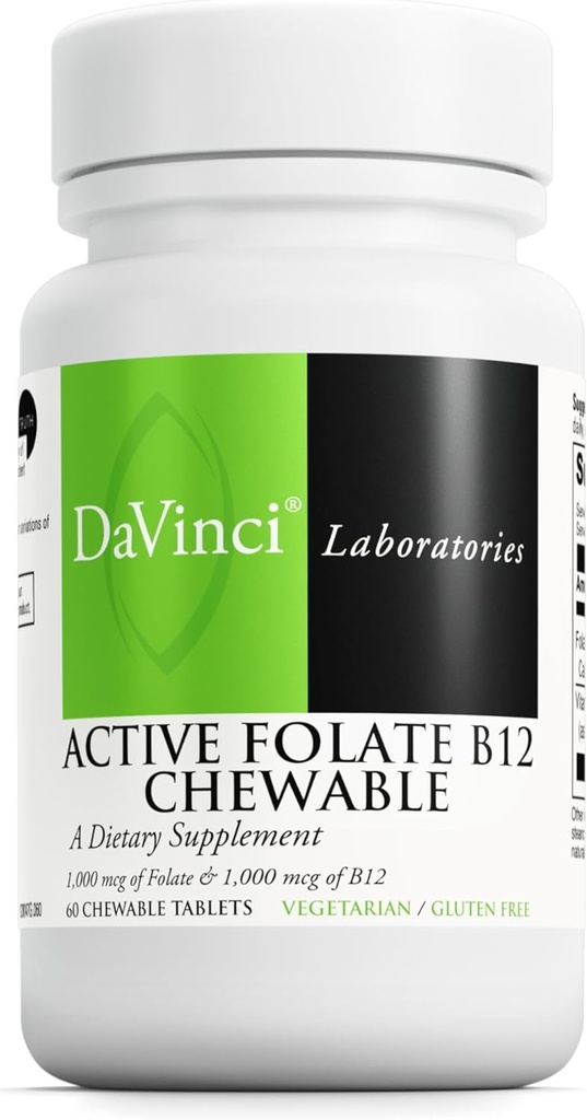 DAVINCI Labs Active Folate B12 Chewable - Suplemento dietético para apoyar la salud del corazón, nervios saludables, función inmunitaria y producción de energía* - con folato y vitamina B12-60 Tablas Chewable
