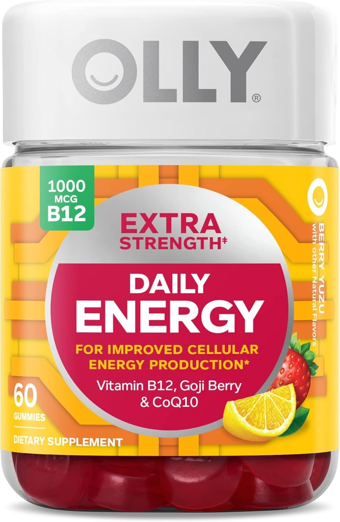 OLLY Extra Strength Daily Energy Gummy, Caffeine Free, 1000mcg Vitamin B12, CoQ10, Goji Berry, Adult Chewable Suplemento, Berry Yuzu Flavor - 60 Cuenta
