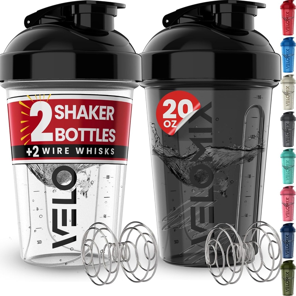 VELOMIX -2 Pack- 20 oz Protein Shaker Botellas para Protein Mixes - 2x Wire Whisk ← Leak Proof Shaker Cups for Protein Shakes and Pre Workout  Protein Shaker Bottle Pack (Black/Transparent)