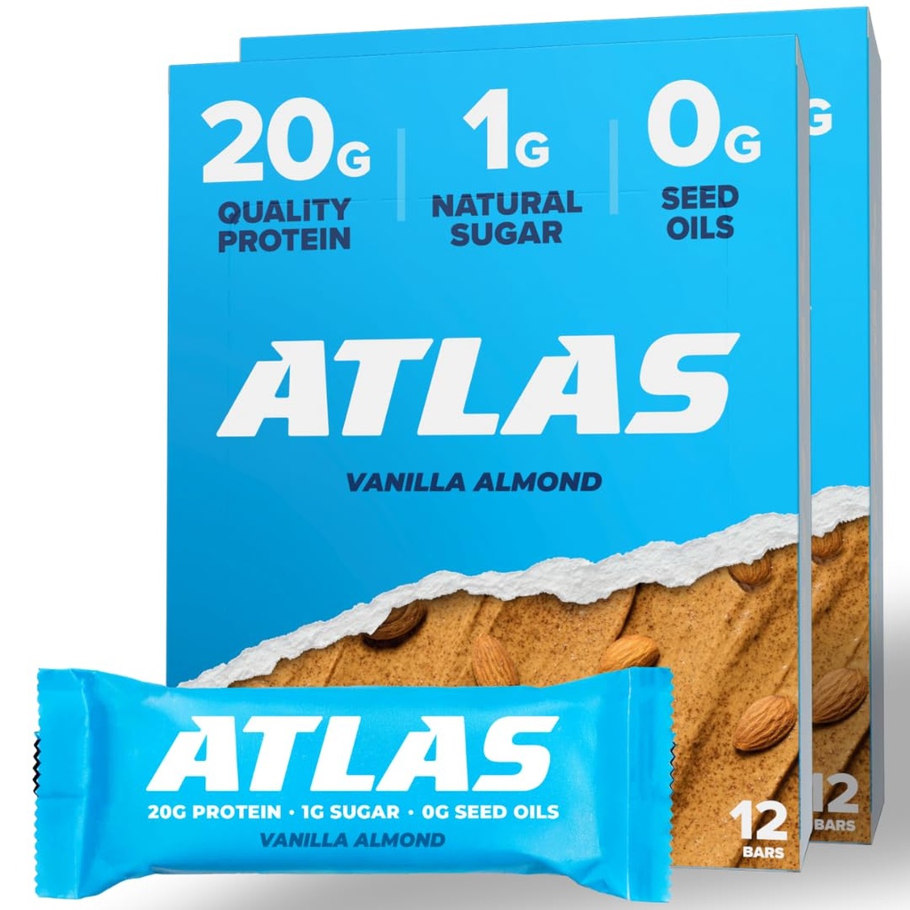 Atlas Protein Bar – 20g Proteína limpia, 1g Azúcar natural, sin semillas aceites, sin gluten, sin dulces artificiales - Almendro de vainilla 24 Conde